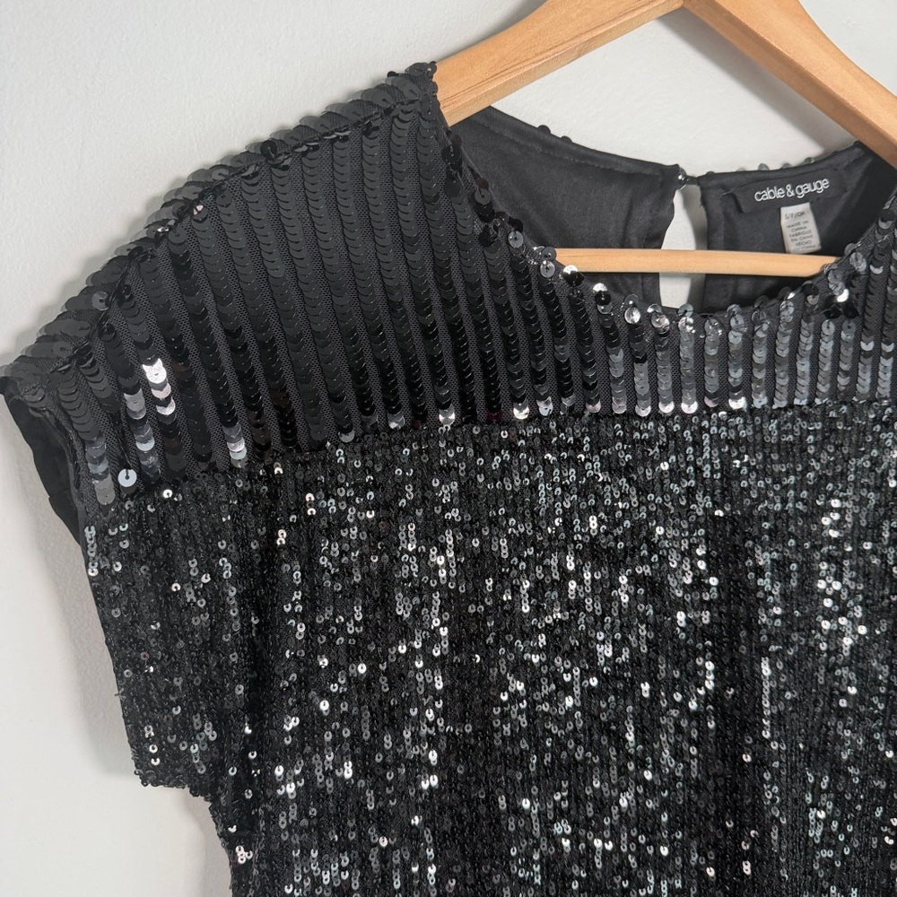 Cable & Gauge Sequined Cap Sleeve Glam Indie Festive Top SMALL Jet Black - Picture 4 of 11